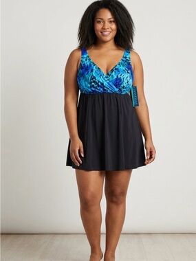 NWT Longitude Draped Blue Plus Size One Piece Swimsuit size 18w with flaw